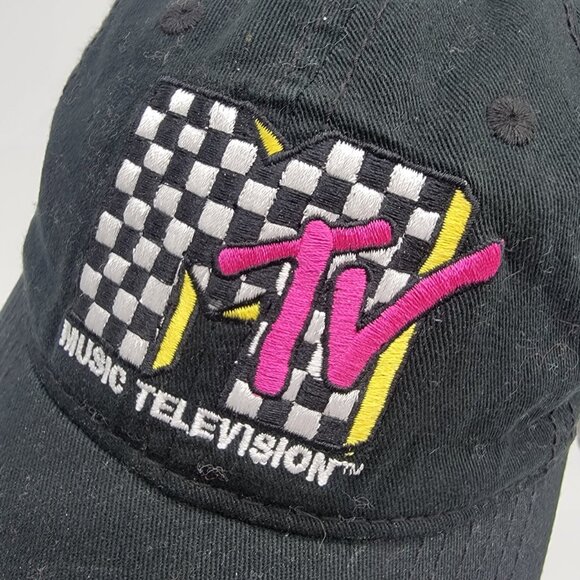 MTV Hat Music Television Black Adjustable Strapback Retro Cap Checker Logo OSFM - Picture 2 of 5
